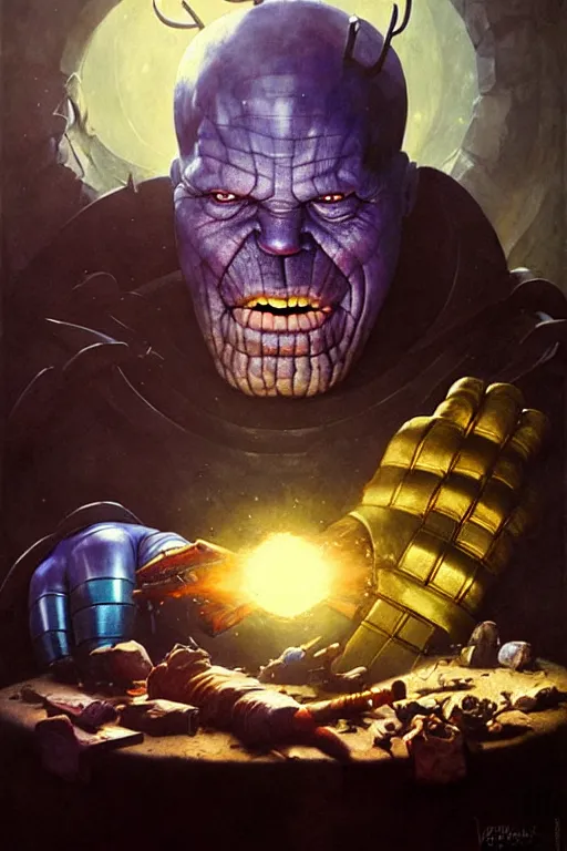 Prompt: hieronymus bosch, greg rutkowski, anna podedworna, painting of thanos eating the infinity gauntlet