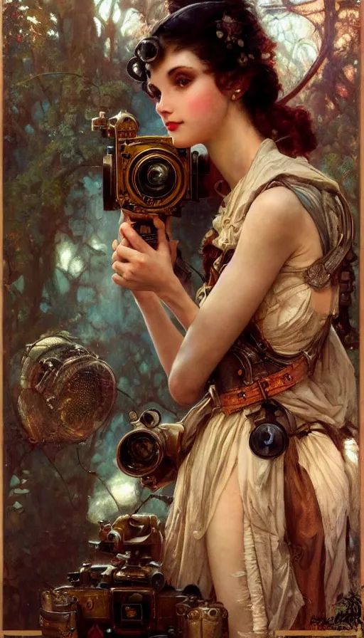 Image similar to hyper realistic photographer looking through camera, magical, steampunk, painted by norman rockwell, tom bagshaw, mucha, gaston bussiere, craig mullins, j. c. leyendecker 8 k