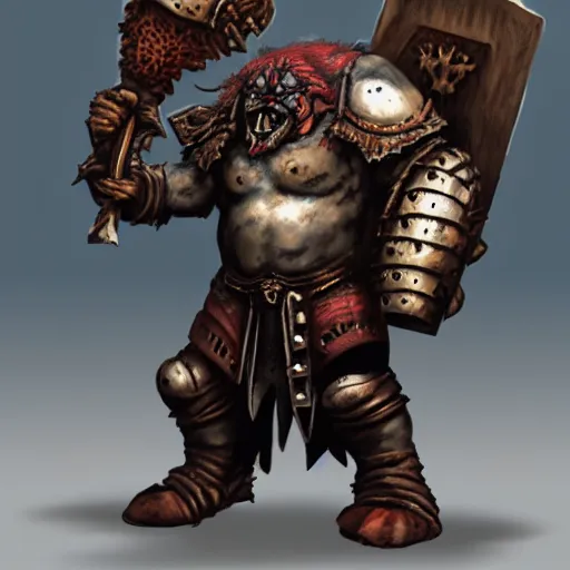 Image similar to ogre warrior wearing plated armor who is holding a battle axe in the style of warhammer fantasy : : head and torso drawing