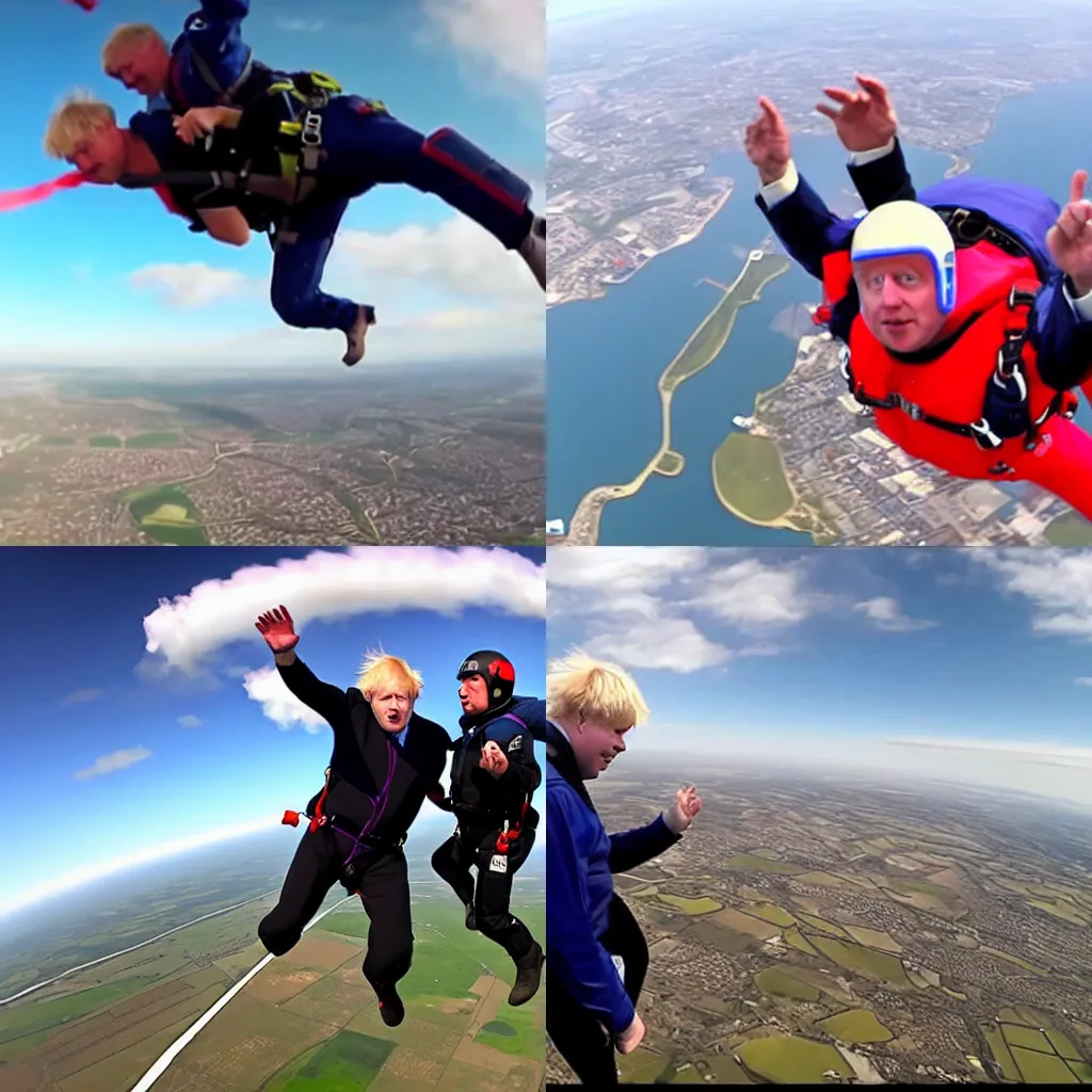 Prompt: boris johnson skydiving, gopro footage