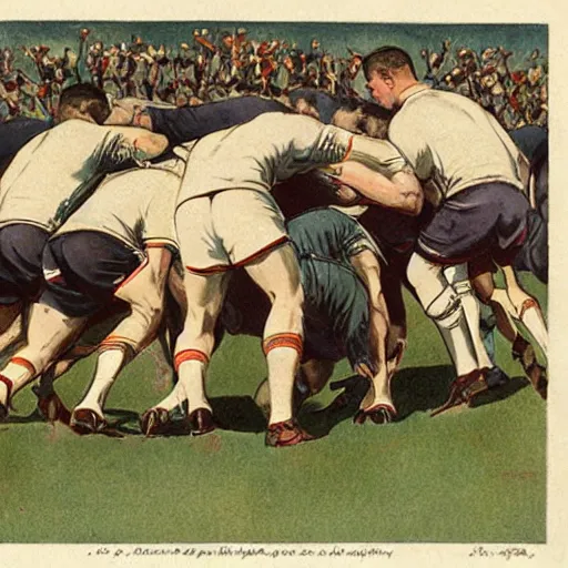Image similar to 1920s full color illustration by J.C. Leyendecker of handsome male rugby players in a scrum on the field, rugby ball on the ground in between the handsome rugby players
