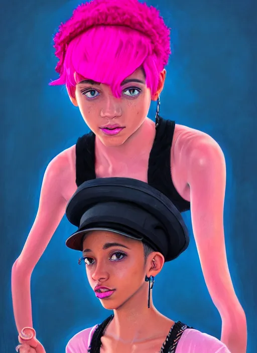 Image similar to portrait of teenage vanessa morgan with bright pink hair, black girl, curly pixie cut hair, wearing newsboy cap, pink short haircut, newsboy cap, hoop earrings, blue eyes, intricate, elegant, glowing lights, highly detailed, digital painting, artstation, concept art, smooth, sharp focus, illustration, art by wlop, mars ravelo and greg rutkowski