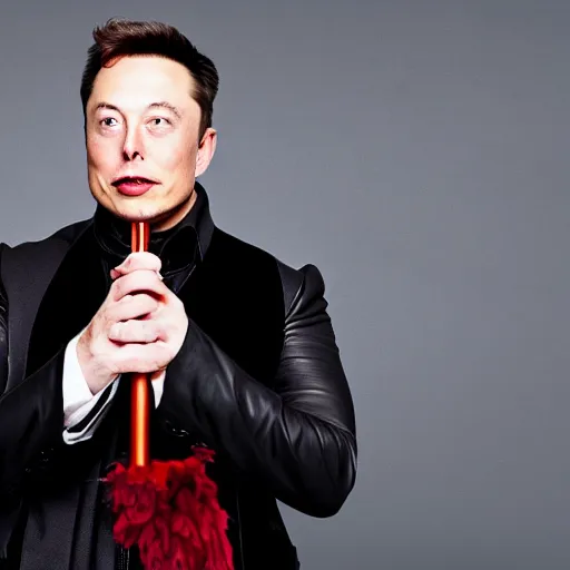 Prompt: photo of elon musk as a musketeer, he has a big black hat with a red feather, he is holding a shiny rapier sword and he is looking straight to the camera, gray background, studio lighting, 4 k, 8 k