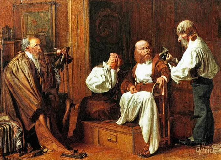 Image similar to judge wearing a wig is making a haircut to another judge with a wig, by ivan shishkin
