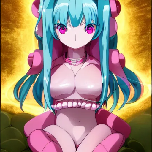 Prompt: stunningly beautiful omnipotent megalomaniacal anime goddess with porcelain skin, pink twintail hair and mesmerizing cyan eyes, symmetrical perfect face smiling in a mischievous, devious and haughty way while looking down upon the viewer, mid view, hyperdetailed, 2 d, 8 k