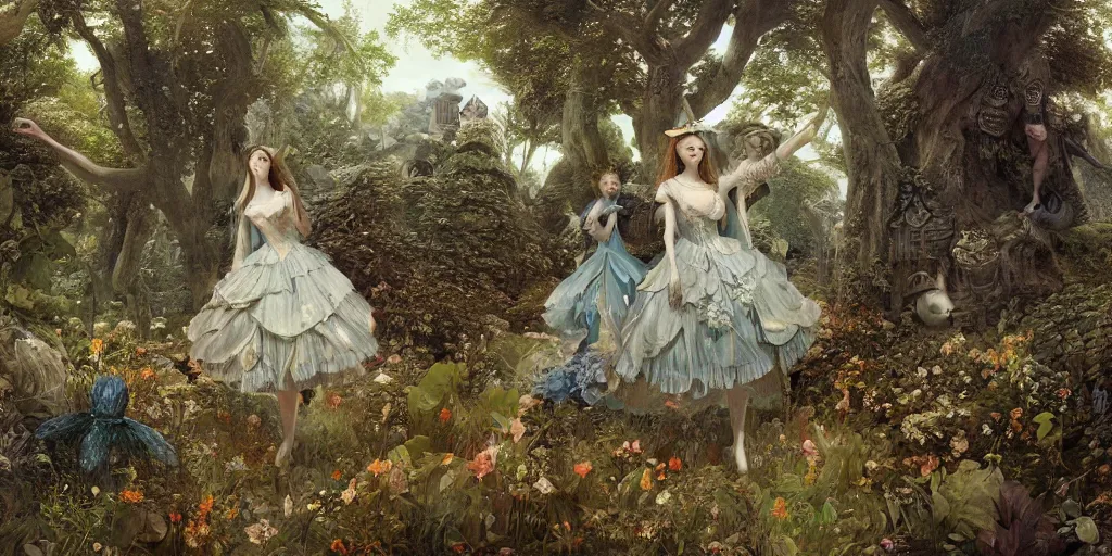 Prompt: alice in wonderland, dress made of leaves, masterpiece by Edgar Maxence and Ross Tran and Michael Whelan, gustav dore, carravaggion, realistic fantasy, establishing shot, 8k, octane render, moonbeams