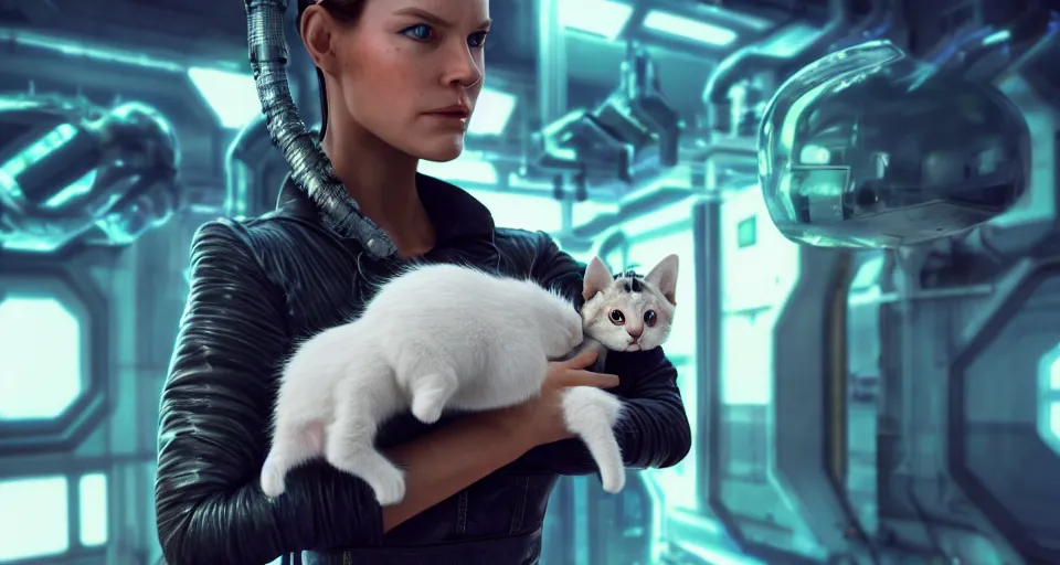 Prompt: a very realistic movie still of a cyborg woman holding a kitten puppy in a cyborg factory, highly detailed render by beeple, syd meade, starwars, space art concept, sci - fi, digital art, unreal engine, wlop, trending on artstation, 4 k uhd image, octane render