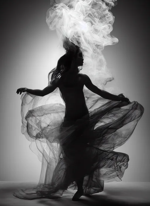 Image similar to a Photorealistic dramatic hyperrealistic render of a beautiful Female smoke dancer by Ken Brower and Deborah Ory of NYC Dance project,Lois Greenfield,Flowing cloth and smoke,Beautiful dynamic dramatic dark moody lighting,volumetric,shadows,cinematic atmosphere,Octane render,8K