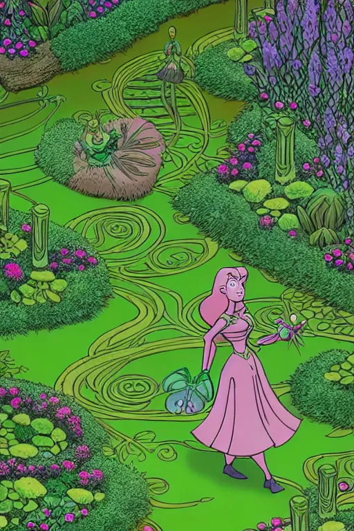 Image similar to intricate detailed Garden, Green Witch Walking her Garden, magical garden plant creatures, enchanted, life like plants, In The animation style of X-Men: The Animated Series, high detail, max upscale, 8k