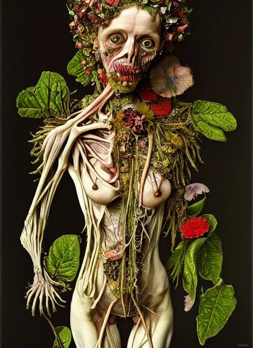 Image similar to beautiful and detailed rotten woman made of plants and many different types of flowers, muscles, intricate, organs, ornate, surreal, miguel angel, gustave courbet, caravaggio, romero ressendi, gunther von hagens