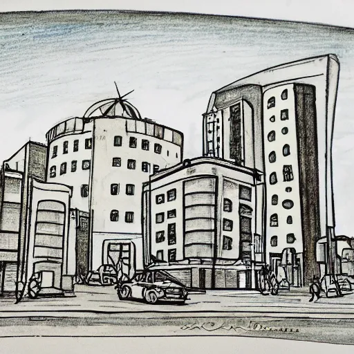 Image similar to drawing of rounded bauhaus buildings in a junction in tel aviv. highly detailed. pen drawing watercolors.