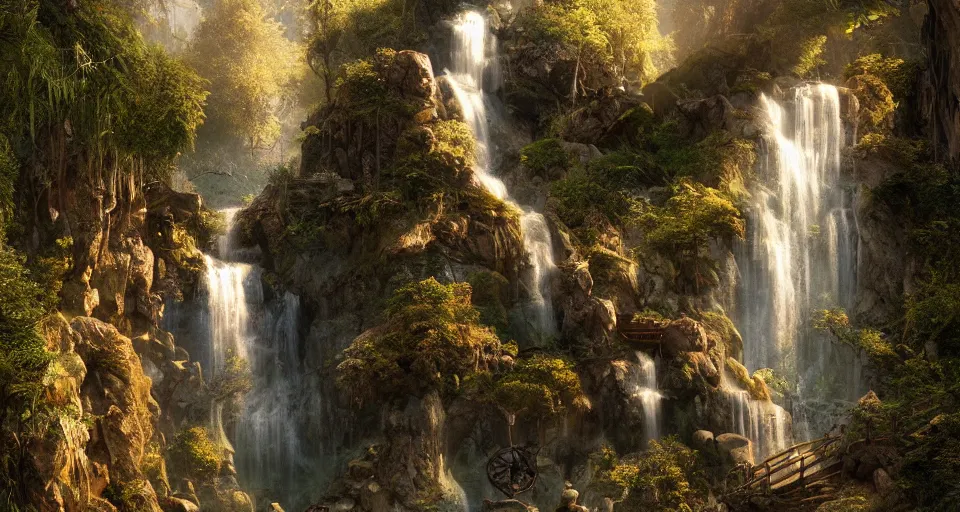 Prompt: rivendell steampunk, waterfalls from clif, dappled golden lighting, cinematic, photographic, realistic, highly detailed, matte painting