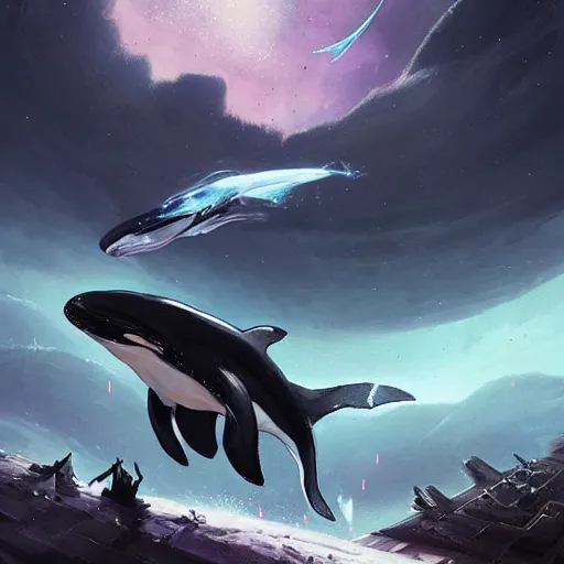 Prompt: space killer whale, epic fantasy style art, space theme, by Greg Rutkowski, hearthstone style art