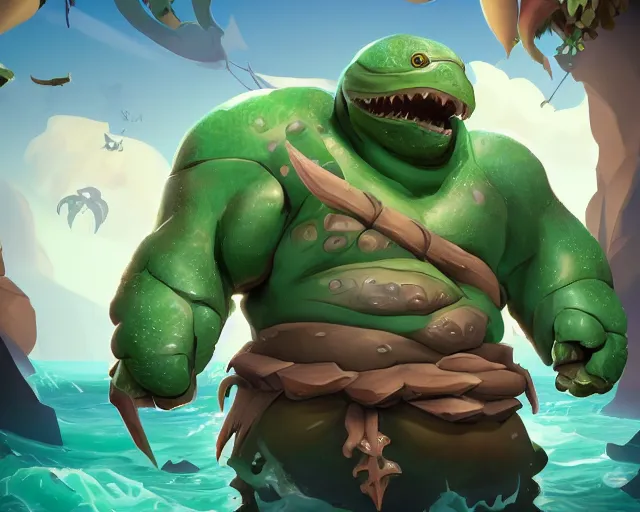 Prompt: sea of thieves character portrait concept art for a huge hulking muscular anthropomorphic turtle with a shell on its back and skin made of green reptile scales with a humanoid body, cgsociety, trending on artstation, rare ltd,