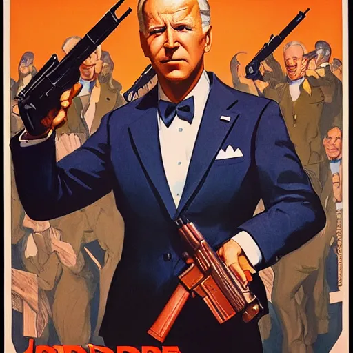 Image similar to propaganda poster of joe biden pointing gun directly at camera in james bond movie, closeup of gun, visible barrel and grip by j. c. leyendecker, bosch, lisa frank, jon mcnaughton, and beksinski