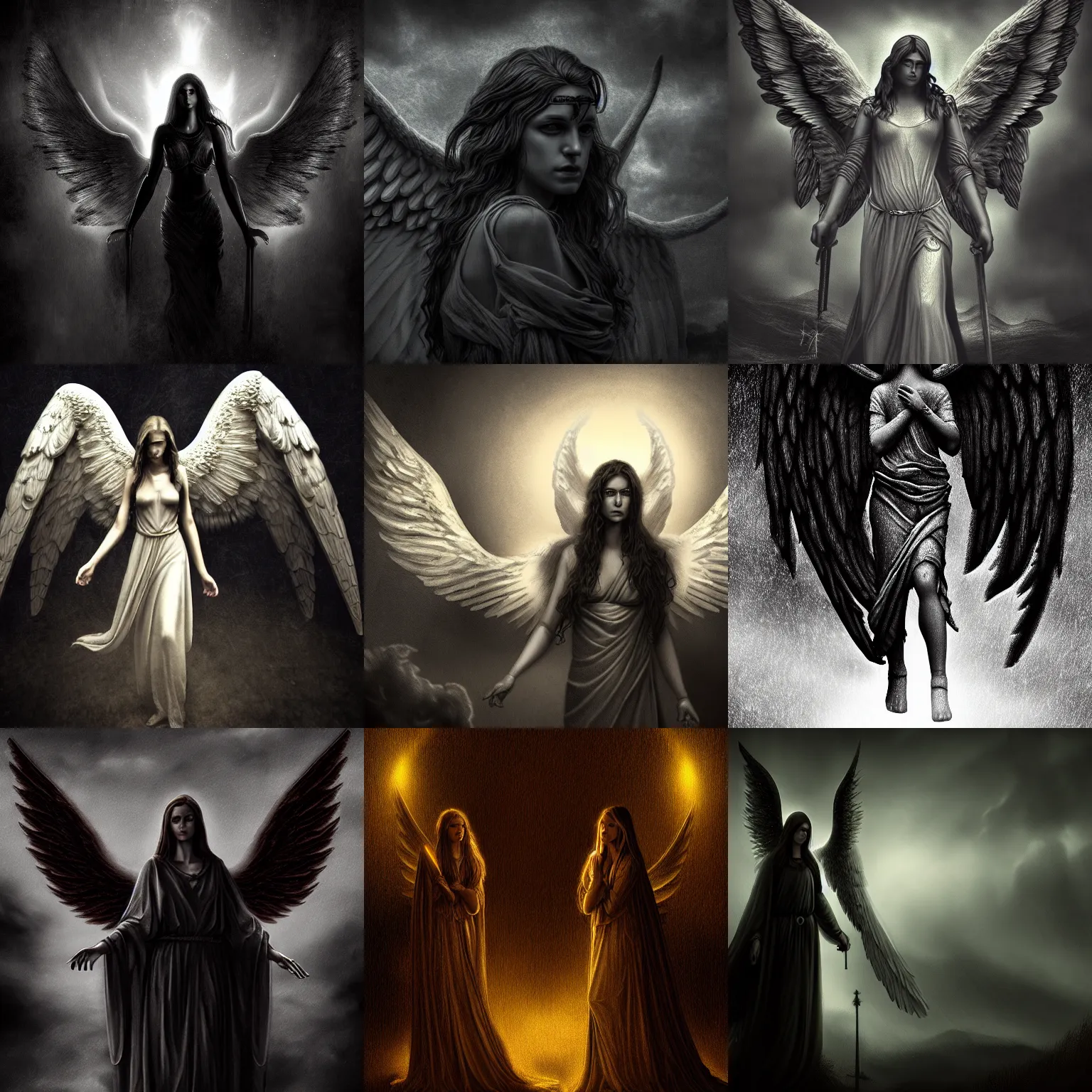 Prompt: biblically accurate angels, highly detailed digital art, dark atmosphere, dark colors, dark fantasy, moody lighting, 8 k, intricate