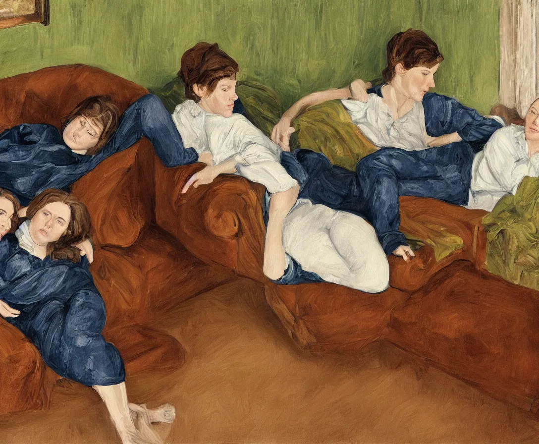 Prompt: portrait of bella and esther lying horizontal, in an old english apartment on a brown leather sofa. one is wearing a dark blue sweather, the other a white shirt. brown hair, they are looking into the camera. wide shot. in the style of lucien freud. oil painting. green mood. isometric perspective