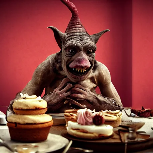 Image similar to closeup portrait of a medieval goblin eating cakes, depth of field, zeiss lens, detailed, symmetrical, centered, fashion photoshoot, by annie leibovitz and steve mccurry, david lazar, jimmy nelsson, breathtaking, 8 k resolution, extremely detailed, beautiful, establishing shot, artistic, hyperrealistic, beautiful face, octane render