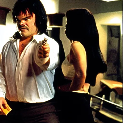 Prompt: jack black in pulp fiction, tarantino, dancing