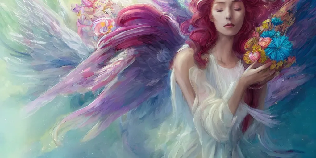 Image similar to a colorful and provenance illustration painting of a angel with her hugeflowers wings spread out gracefully ， detailed, highly detailed, dramatic lighting, hair made of hair made of air wind and curling smoke, mist, dust, genie, flowers, flower, stars, spirit fantasy concept art ， art by charlie bowater and aenami, trending on artstation.