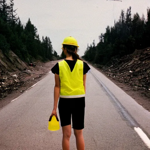 Image similar to photo, close up, emma watson in a hi vis vest picking up trash on the side of the interstate, portrait, kodak gold 2 0 0,