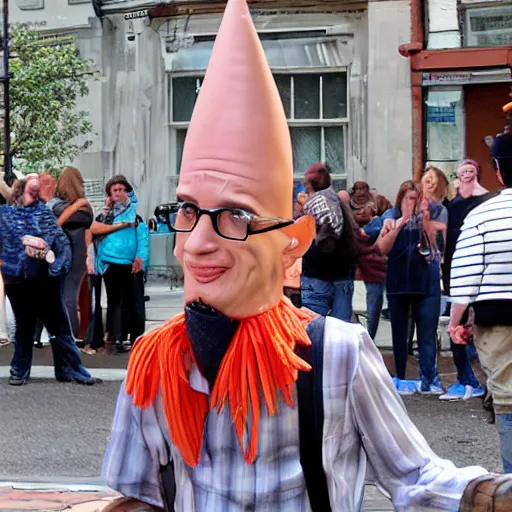 Prompt: Conehead Milhouse street performer