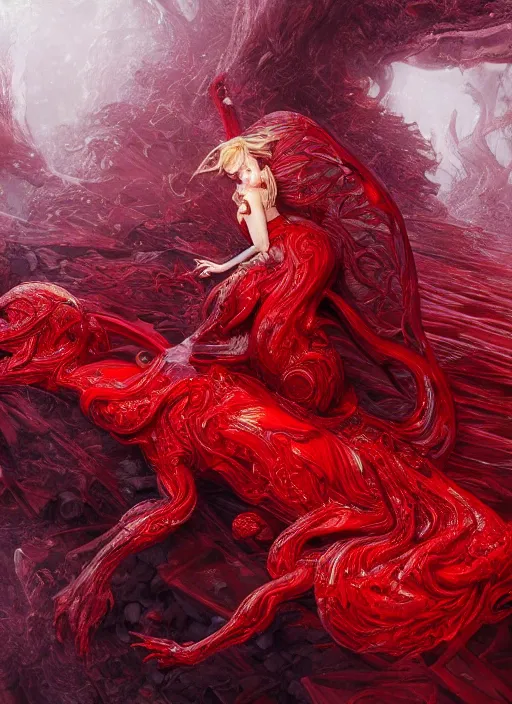 Prompt: woman in love sit upon a scarlet coloured beast, pain, royal dress, light effect, hyper detailed, intricate, atmospheric, elegant, highly detailed, digital painting, artstation, concept art, matte, sharp focus, illustration, by james jean, andrei riabovitchev, marc simonetti, yoshitaka amano