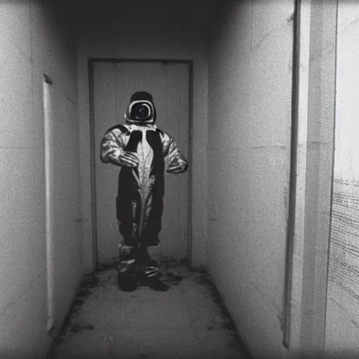 Image similar to news reporter in a hazmat suit 1 9 9 0 s news found footage of an abandoned soviet downtown with a humanoid scp hidden in background, liminal space, backrooms, scp, film grain, rundown, eerie, dark lighting, 3 5 mm, realistic, photograph, hazmat suits, foggy, silent hill style, detailed, hyperrealistic