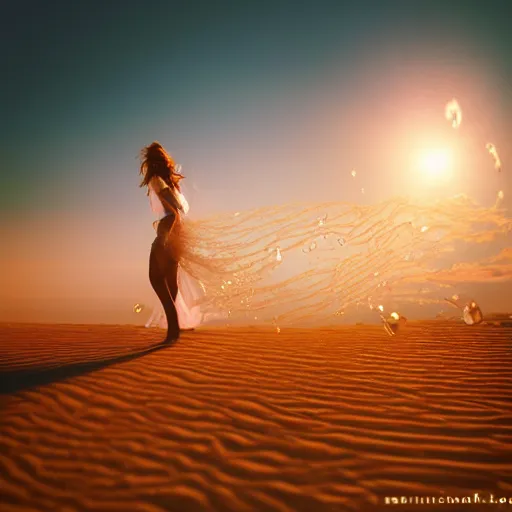 Prompt: filmstill photography of female body sulhouette covered with curly white translucent blanket blowing in wind, acrylic liquid colors, luxurious supermodel photoshooting, golden jewelry, bokeh, godrays, strong wind, wrinkles, sunrays, sunset, lens flares, monet, renoir, cold colors, sand dunes