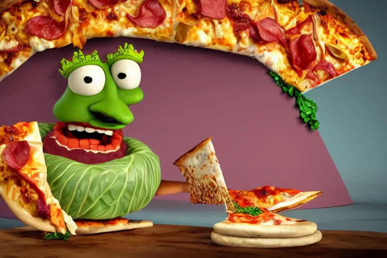 Prompt: cabbage character with pizza peel, royal walruss king wearing a crown, cooking pizza in a wood fired oven, highly detailed 3 d render, funny, surrealism, pixar