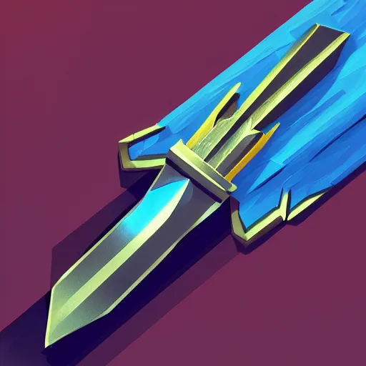 Prompt: black sword blade with golden hilt, icon, isometric, vector, low poly, blue background, cgsociety, volumetric lighting, artstation