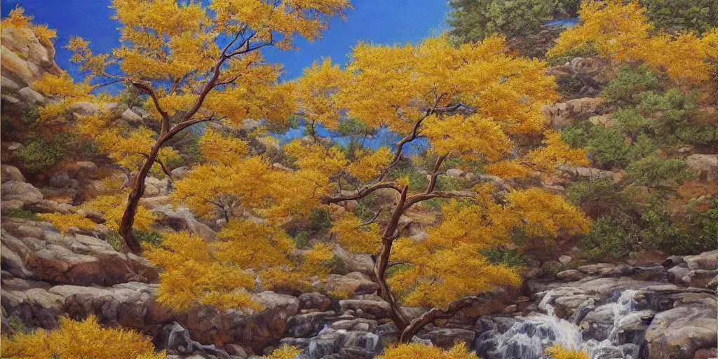 Prompt: single maple tree growing in grand canyon, stream, oil painting, highly detailed, masterpiece