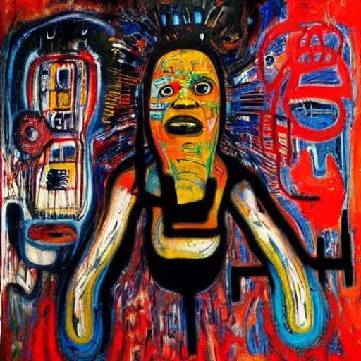 Image similar to beautiful sunrise oil painting by klimt and graffiti by Jean-Michel Basquiat in airbrush by H.R. Giger