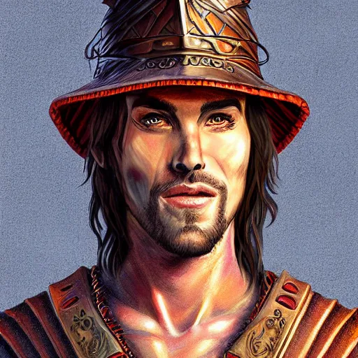 Prompt: Doran, a human warrior wearing a fancy hat and leather jerkin, 8k resolution, full-length portrait, digital painting, fantasy illustration, D&D character art