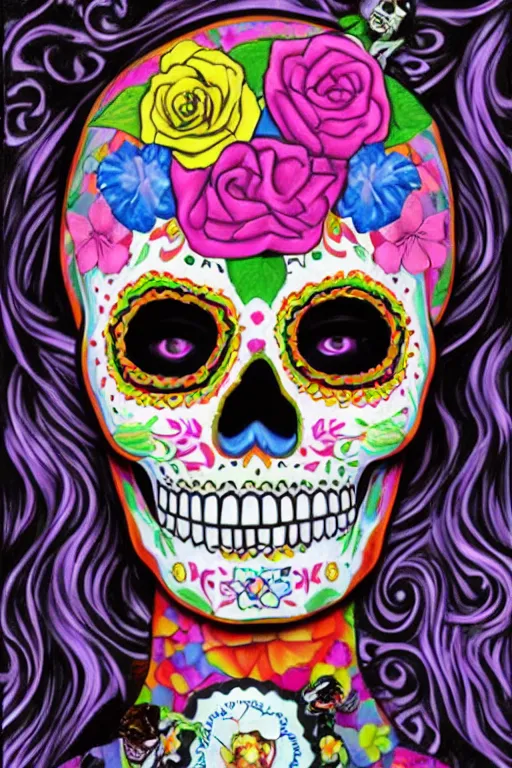 Prompt: Illustration of a sugar skull day of the dead girl, art by Jeff Koons