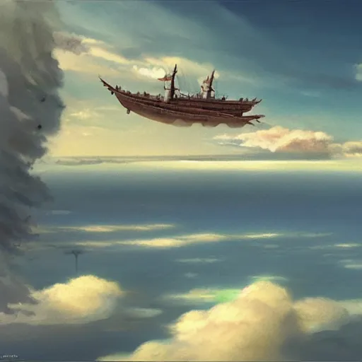 Prompt: a painting of a ship floating in the sky, a detailed matte painting by hayao miyazaki, cgsociety, sots art, official art, matte drawing, matte painting
