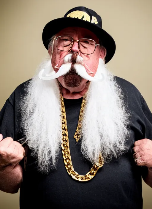 Image similar to dslr portrait photo still of!!! wilfred brimley!!! white mustache as a gangsta rapper with gold chains and gold teeth grills growling at camera, 8 k, 8 5 mm f 1. 8