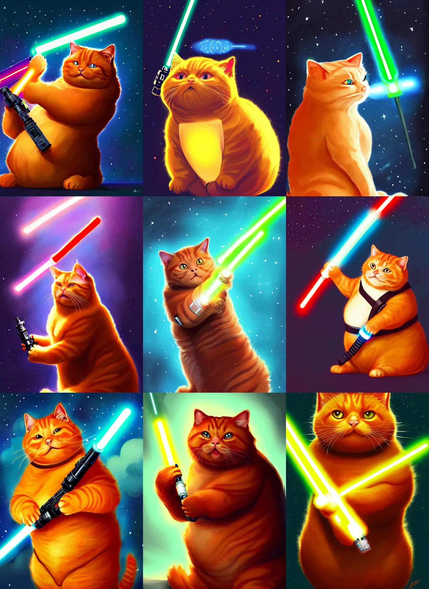 Prompt: a fat ginger cat holding a lightsaber, fight, star wars, beautiful glowing lights, sci - fi, stunning, intricate, elegant. highly detailed, digital painting. artstation. smooth. sharp focus. illustration.