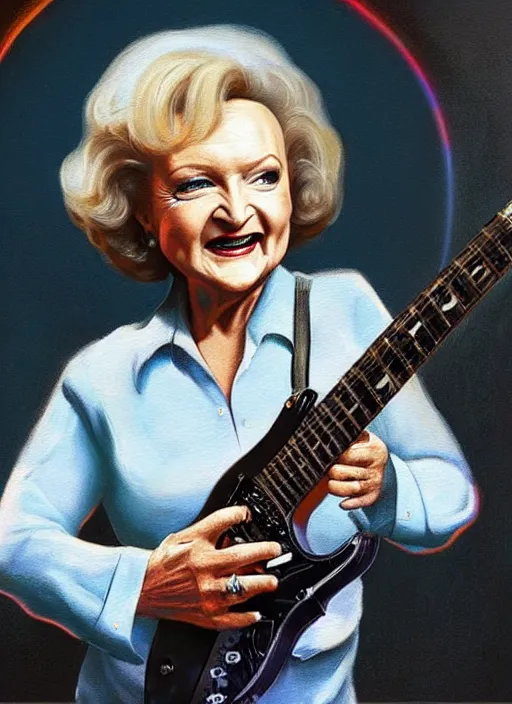 Image similar to Betty White shredding on an electric guitar, painting by Frank Frazetta, 3D rendering by Beeple, crusty