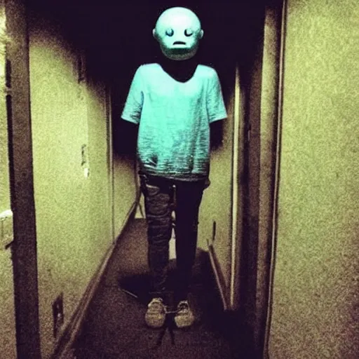 Prompt: finn from adventure time, creepy, horror, off - putting, dark, hallway, photo, paranormal