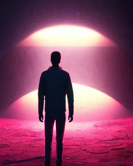 Image similar to a person standing in front of a glowy open door that's on a barren moon, poster art by mike winkelmann, trending on cg society, space art, sci - fi, ue 5, futuristic, volumetric lighting, light casting onto the ground, neat composition and camera angle