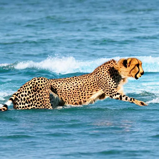 Prompt: a cheetah emerging from the ocean,