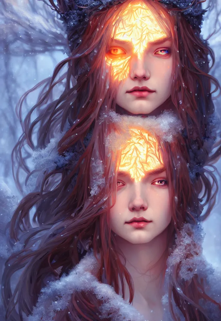 Prompt: a head and shoulders shot of a beautiful ancient frost witch, eye fire, snow glow, snowfall, highly detailed, digital painting, artstation, sharp focus, illustration, art by tan zi and ayanamikodon and alphonse mucha and wlop