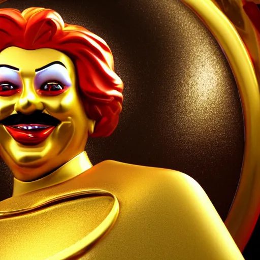 Image similar to a still of ronald mcdonald surrounded by gold and diamonds, award - winning, photograph, 3 d render, unreal engine, 4 k detailed