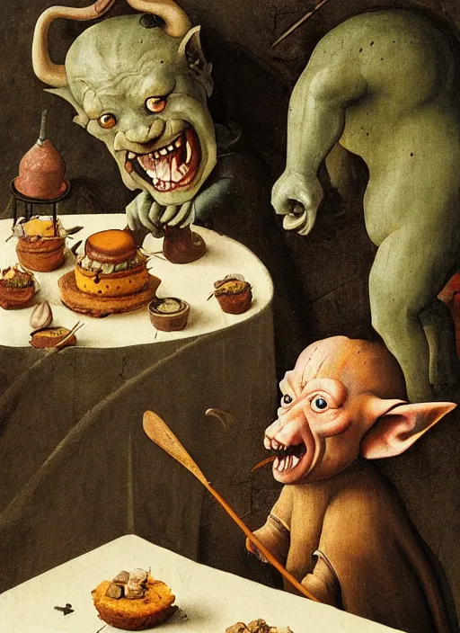 Image similar to medieval goblin eating cakes painted by hieronymus bosch, detailed digital art, trending on Artstation