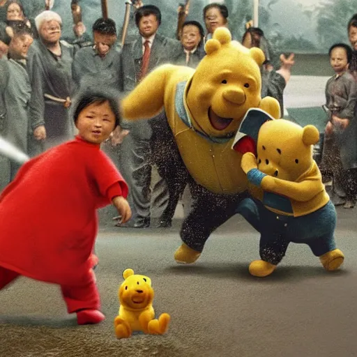 Prompt: an award winning cinematic still of Xi Jinping fighting Winnie the Pooh, 16k photograph, epic battle