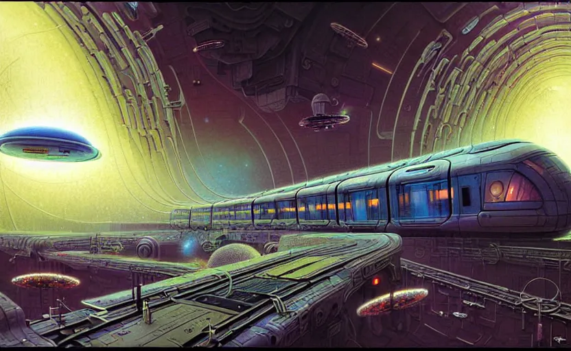 Image similar to urban train design only! 2 0 5 0 s retro future art 1 9 7 0 s science fiction borders lines decorations space machine, mech, robot. muted colors. by jean - baptiste monge, ralph mcquarrie, marc simonetti, 1 6 6 7. mandelbulb 3 d, fractal flame, jelly fish, coral, cinematic lightning