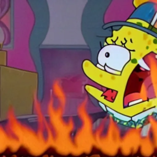 Image similar to The Krusty Krab on fire as a still from an episode of spongebob