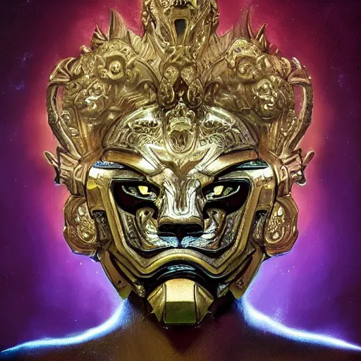 Image similar to Very very very very highly detailed epic photo of face with shocked lion venetian mask, intricate, dystopian, sci-fi, extremely detailed, digital painting, artstation, concept art, smooth, sharp focus, illustration, intimidating lighting, incredible art by Artgerm and Vincent di Fate