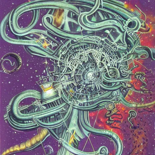 Prompt: cosmic eldritch space squid consuming a city on neptun, epic surrealism, elegant, dreadful cut out collage, 1974